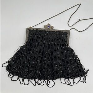 Vintage 1970s/80s Black Beaded Clutch with Pewter Clasp & Blue Stone